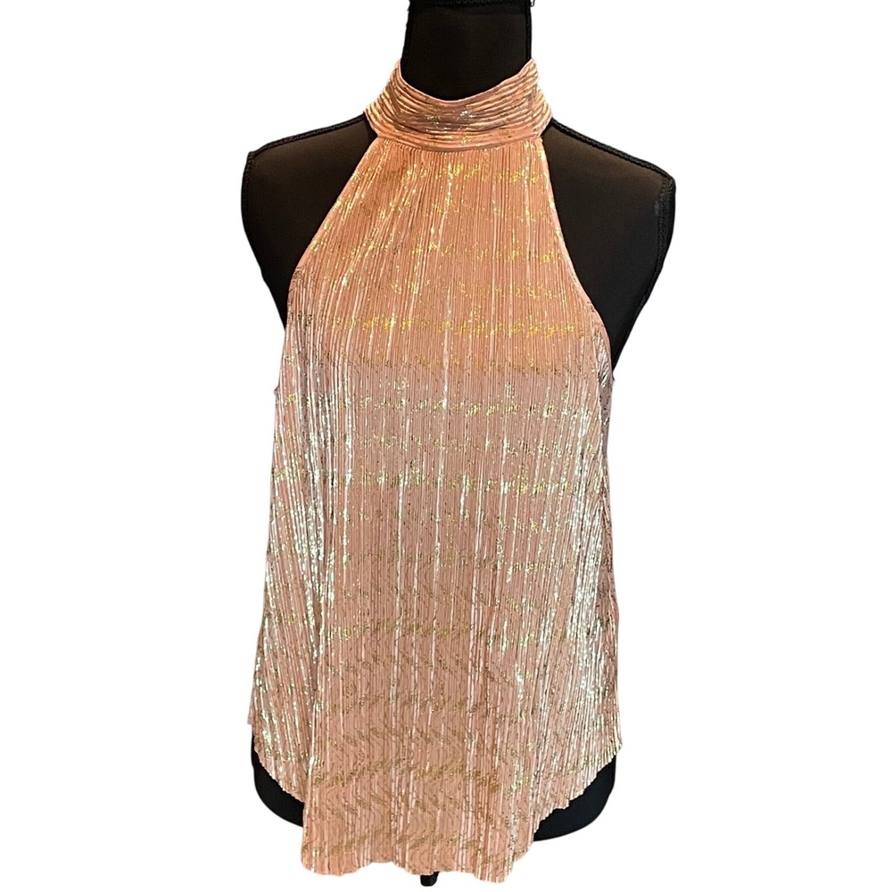 Anthropologie Rose Gold Metallic Pleated Halter High Neck Button Back Top XS Y2K